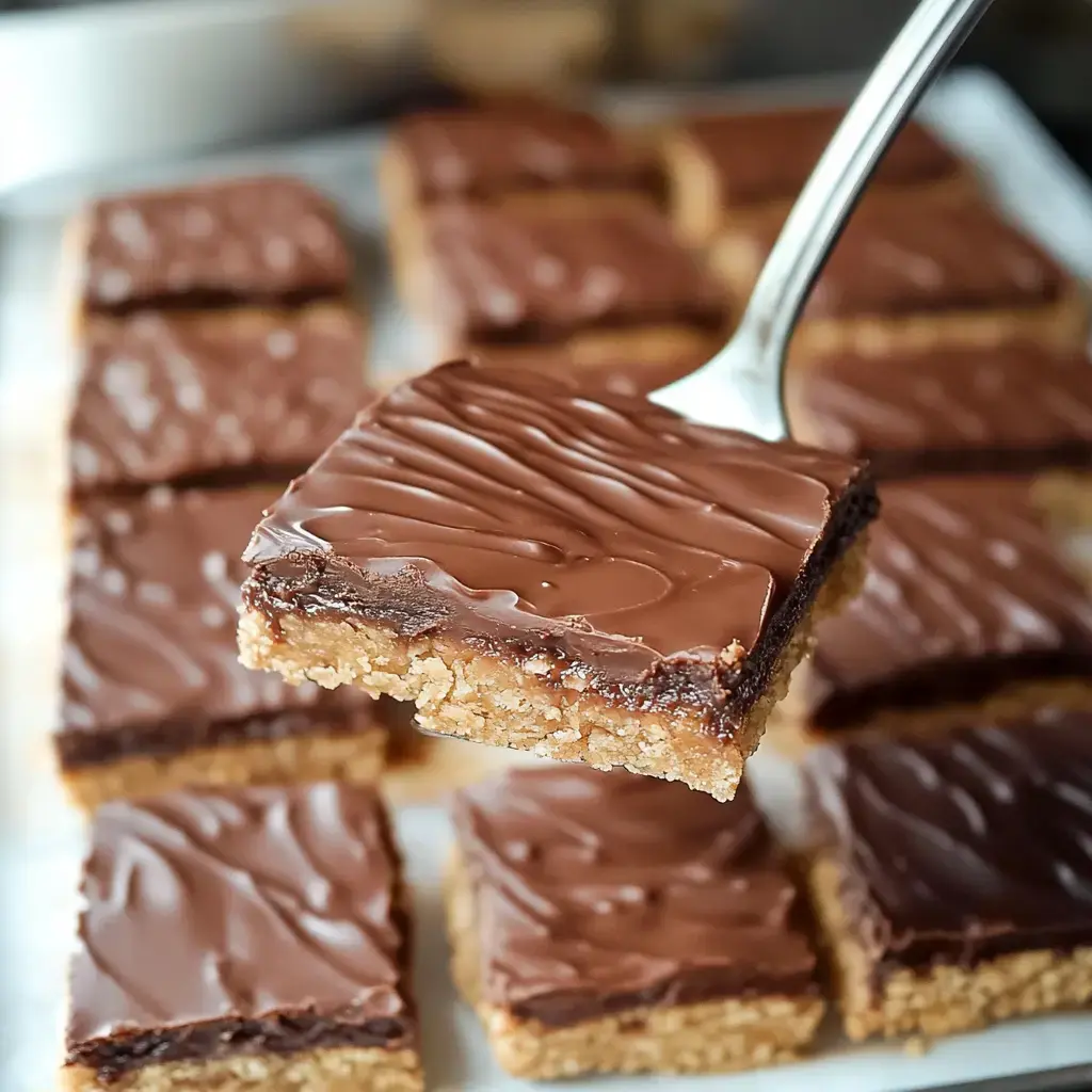 A close-up of a square chocolate-covered dessert being lifted with a fork, surrounded by more similar treats.