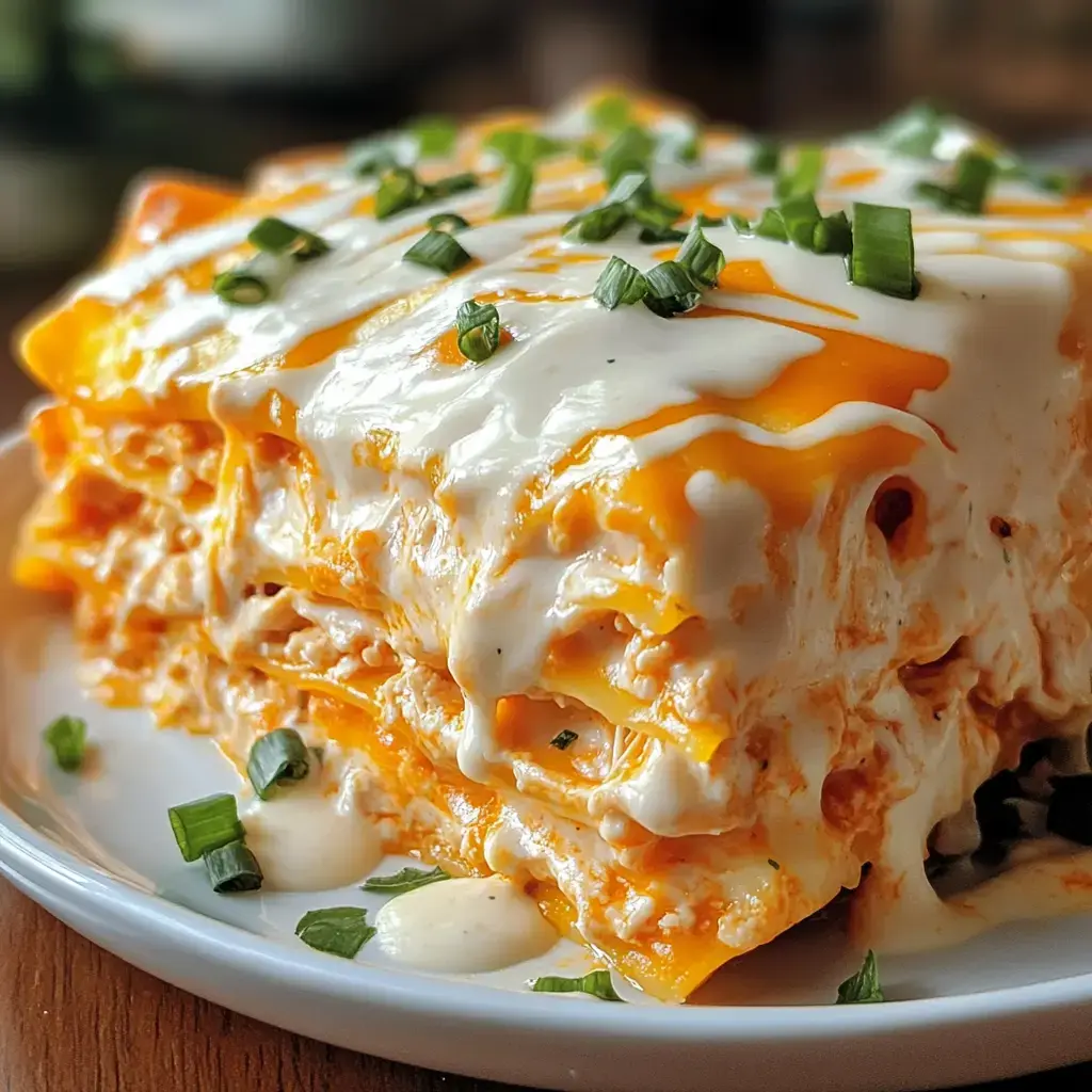 A slice of creamy lasagna topped with green onions on a white plate.