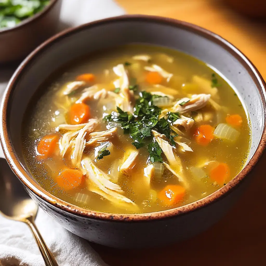 A bowl of chicken soup with shredded chicken, carrots, celery, and fresh herbs on top.