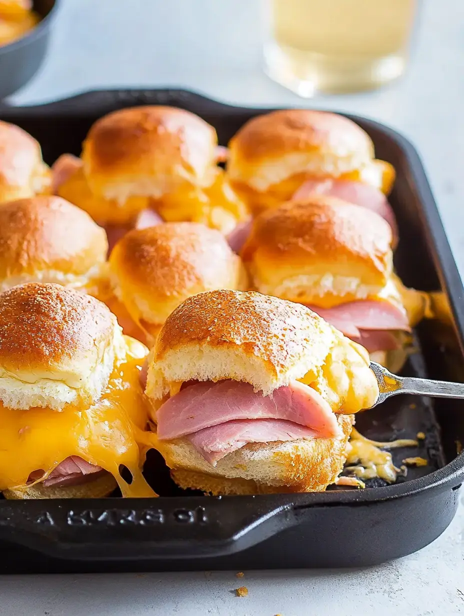 A close-up view of cheesy ham sliders being served from a cast iron skillet.