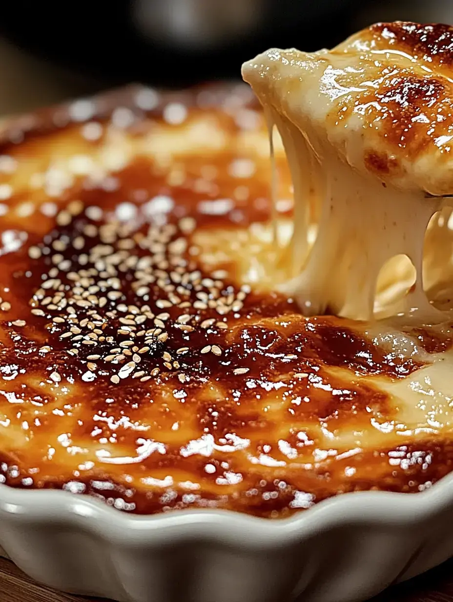 A close-up of a bubbling, golden-brown cheesy dish topped with sesame seeds, with gooey cheese stretching as a portion is lifted.