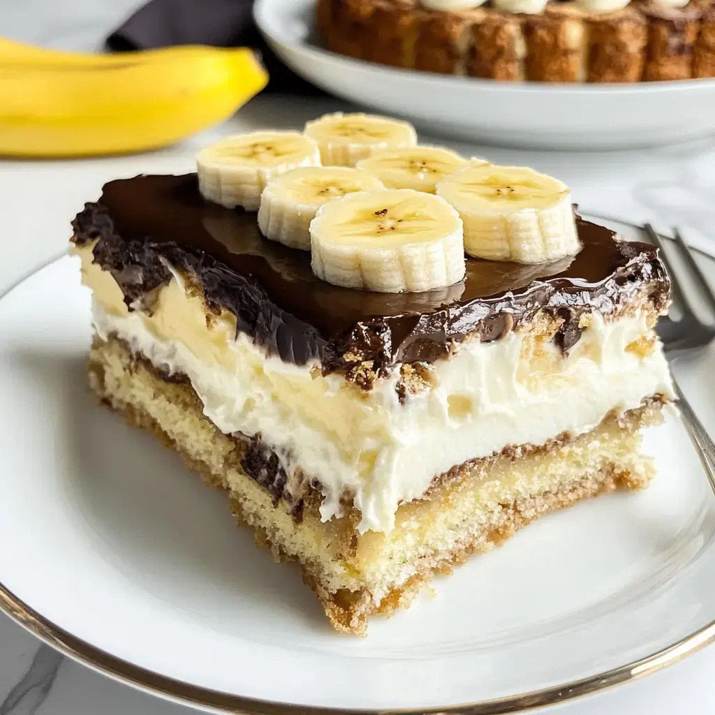 A slice of layered banana cream cake topped with chocolate frosting and banana slices, served on a white plate.