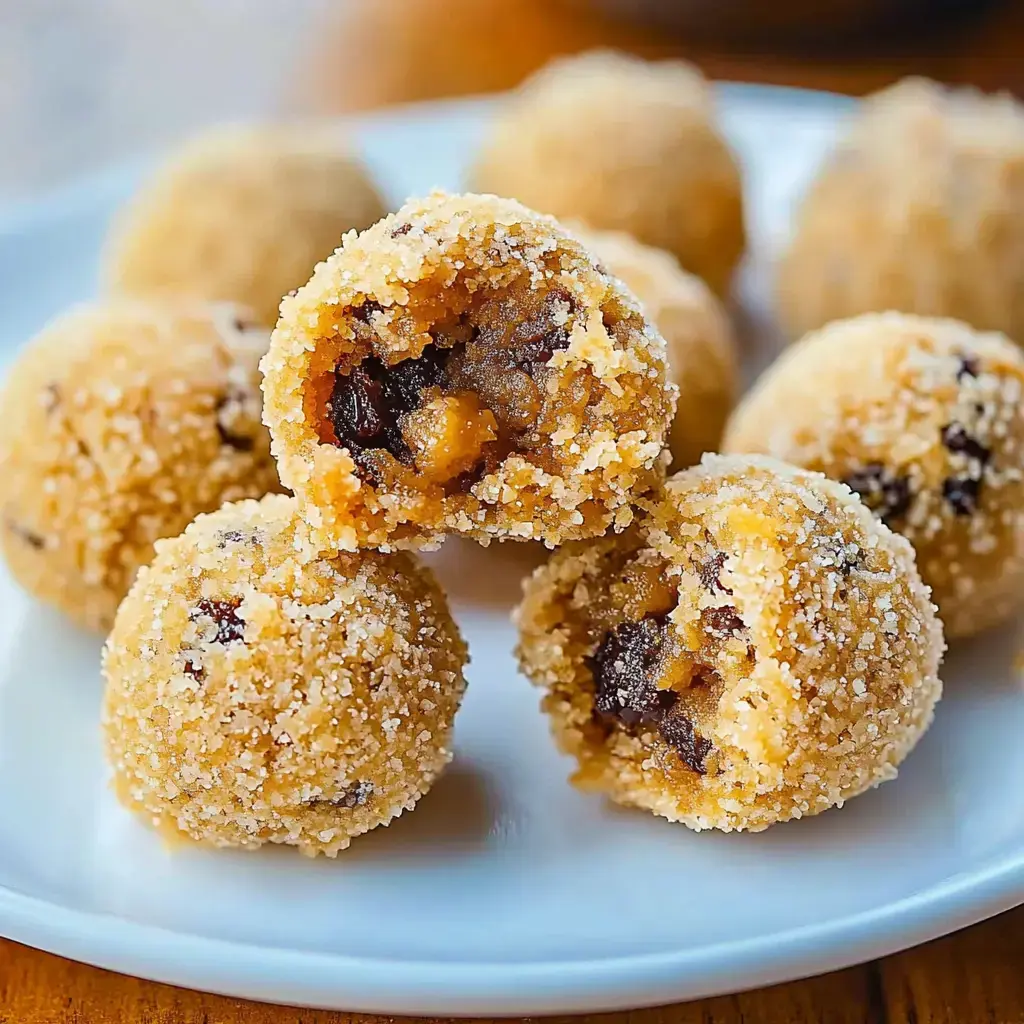 A close-up of a plate displaying round, golden-brown dessert balls coated in sugar, with one cut open to reveal a chewy, chocolate-studded interior.