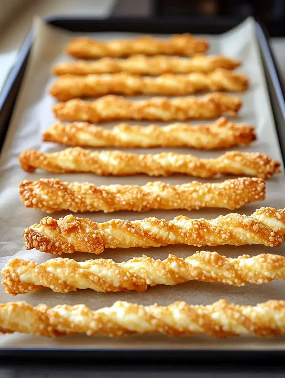 A tray of golden, crispy twisted breadsticks rests on parchment paper.