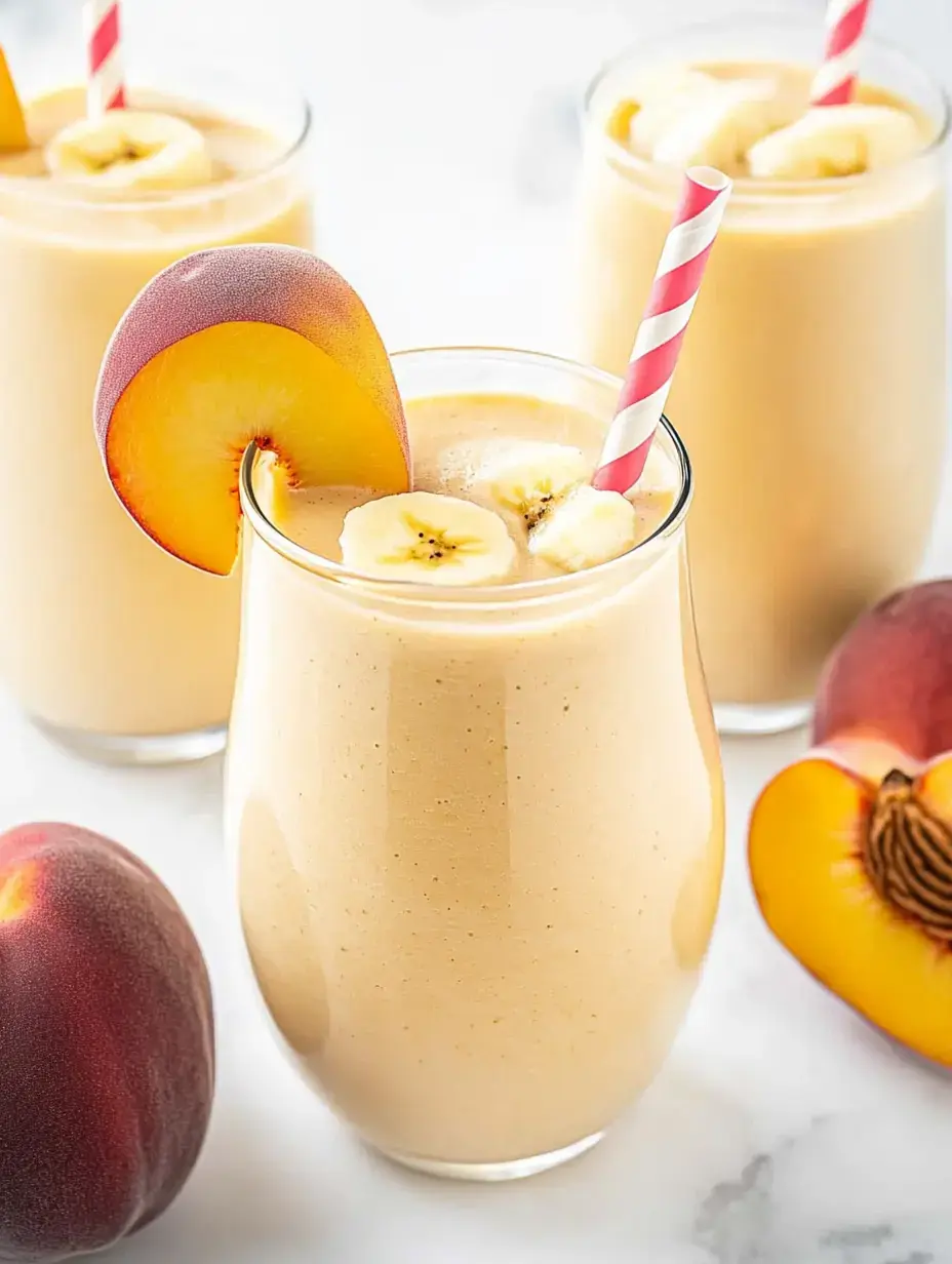 A creamy smoothie with banana slices and a peach garnish is served in a glass alongside whole peaches.