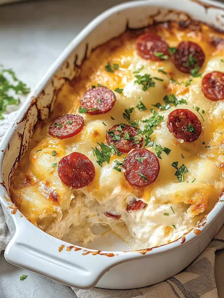 A cheesy baked dish topped with sliced pepperoni and parsley in a white serving dish.