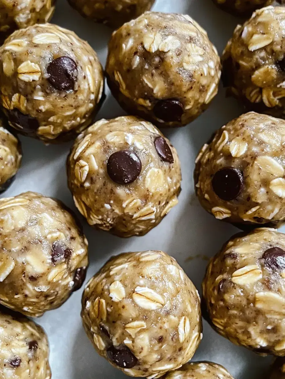 A close-up image of homemade energy balls made with oats and chocolate chips, arranged neatly on parchment paper.