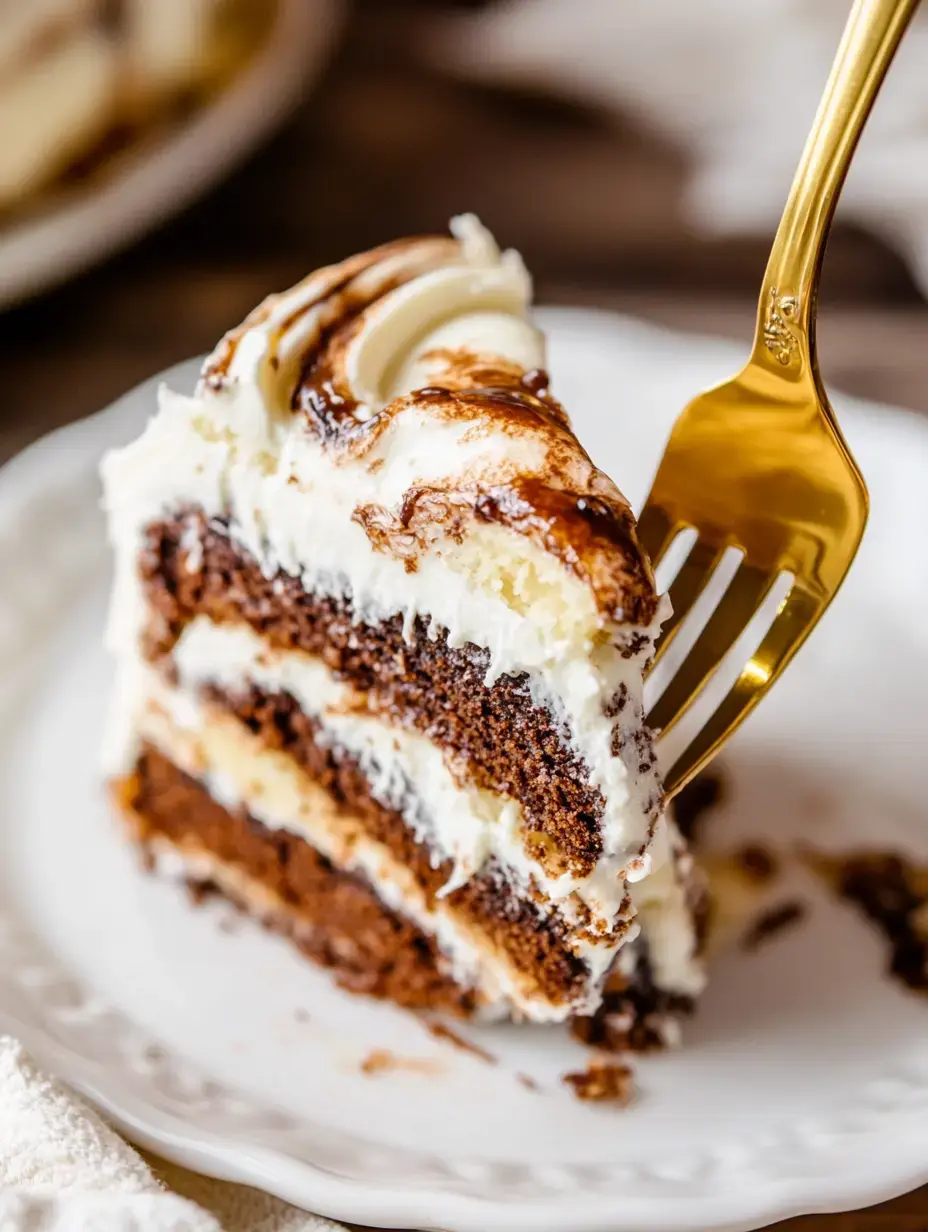 A slice of layered chocolate and vanilla cake with creamy frosting, partially lifted by a golden fork on a decorative plate.