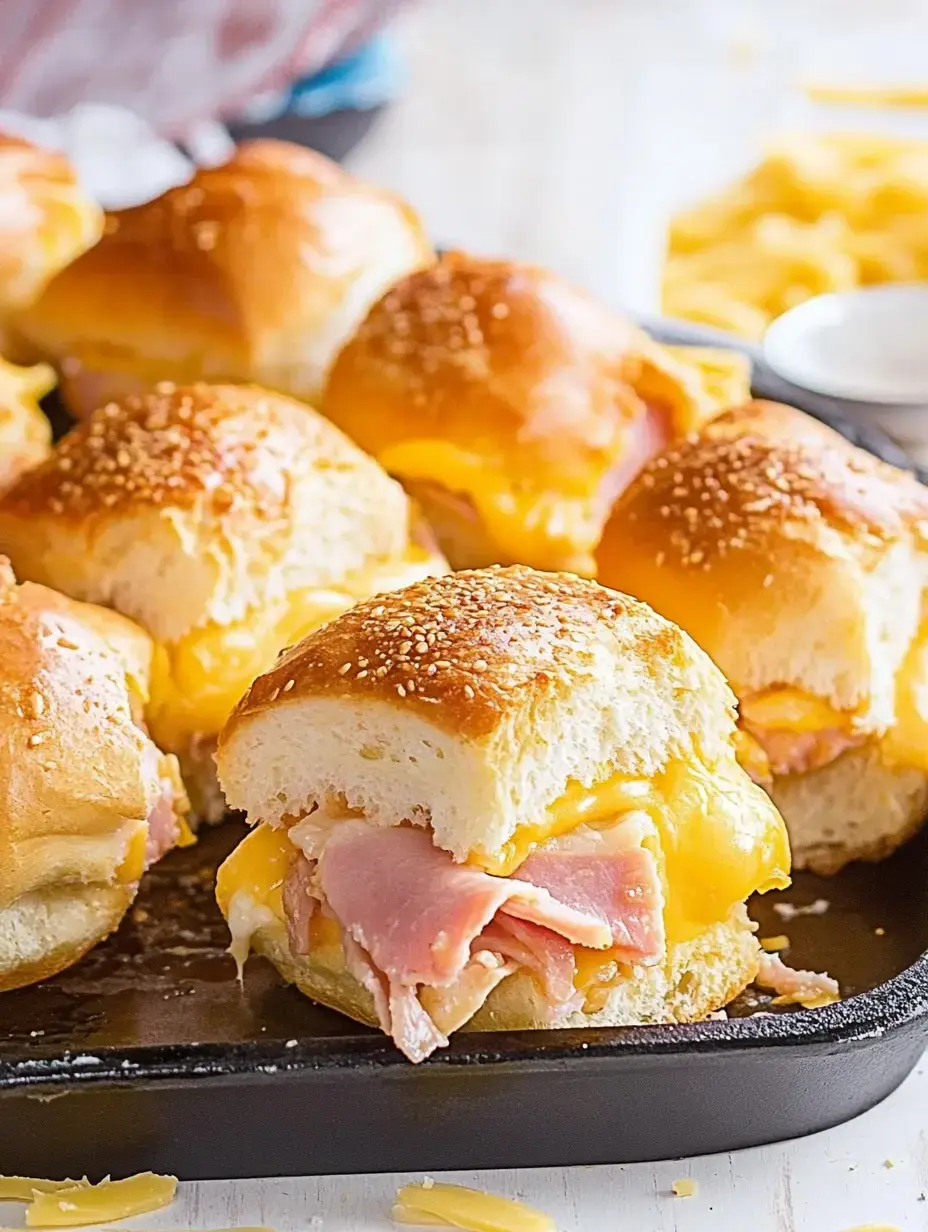 A close-up of a tray of cheese and ham sliders on soft, golden buns, showcasing their melted cheese filling.