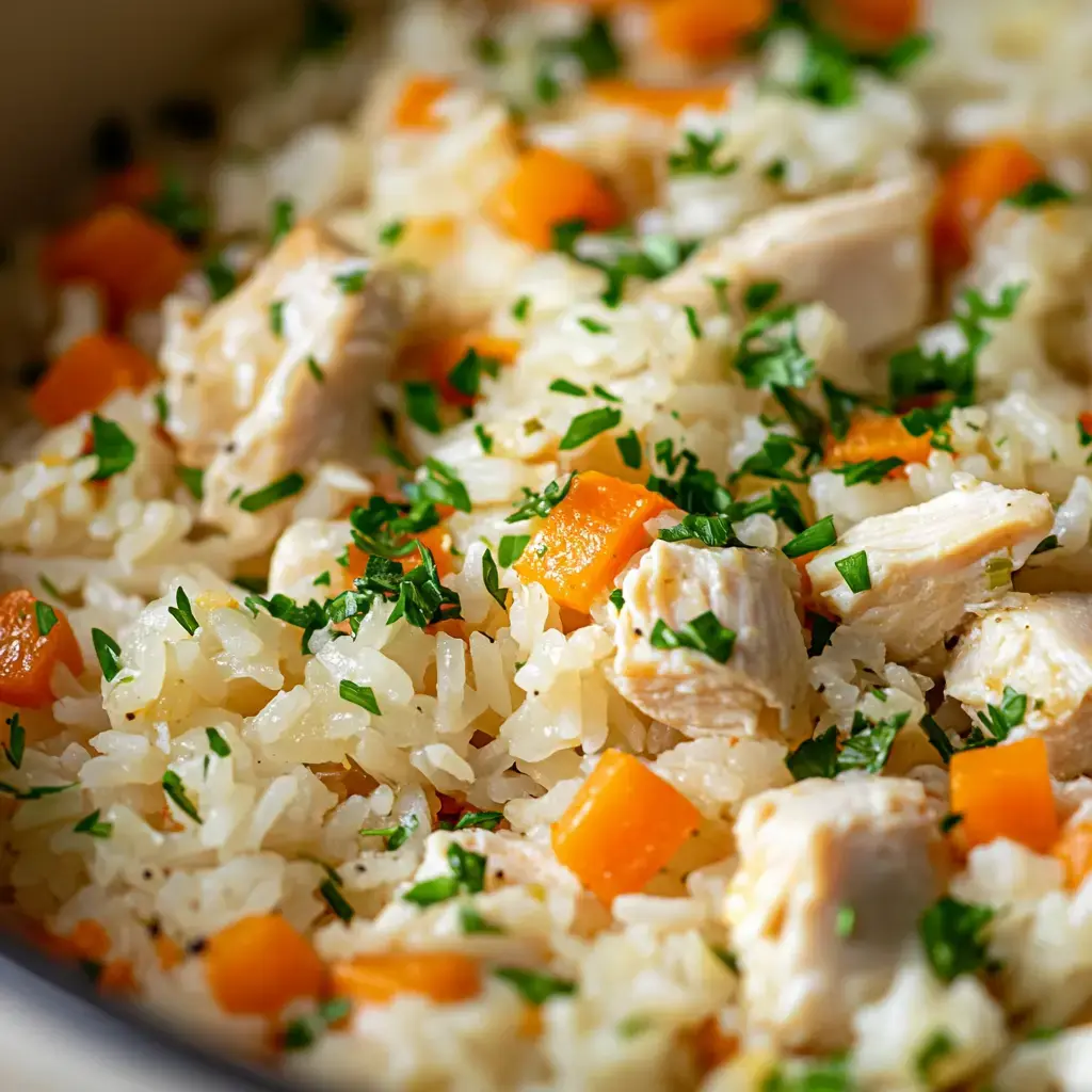 A close-up of cooked rice mixed with diced chicken, orange bell pepper, and chopped parsley.