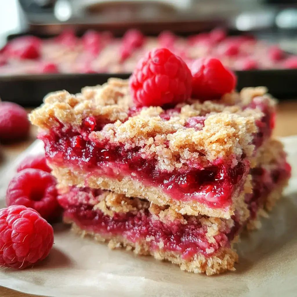 A close-up of two stacked raspberry crumble bars, topped with a fresh raspberry, surrounded by scattered raspberries on a light background.