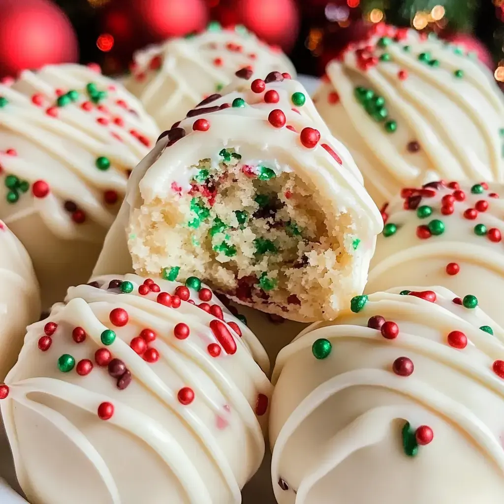 A close-up of white chocolate-coated cake balls with colorful sprinkles, one cut open to reveal a festive green and red interior.