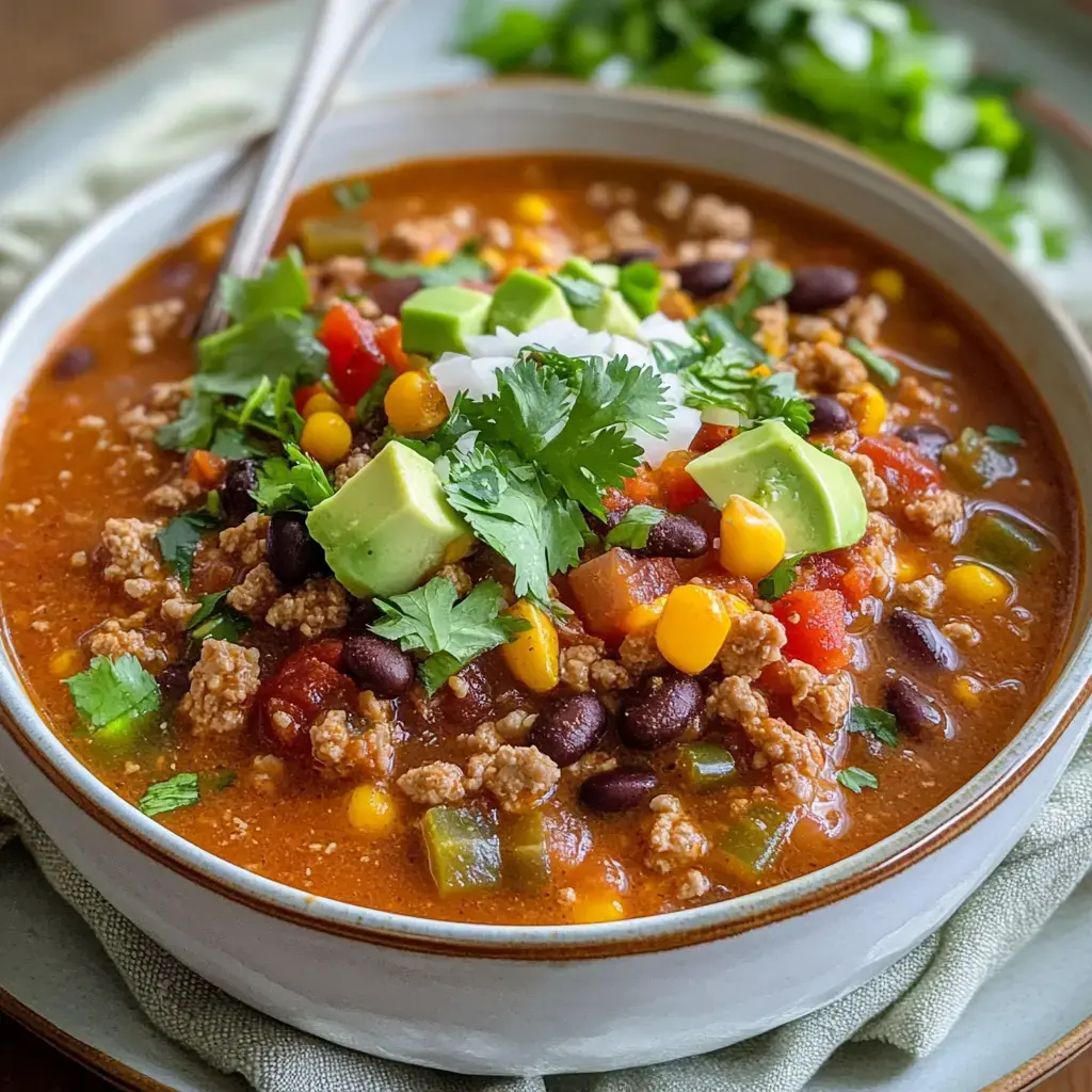 A hearty bowl of chili topped with avocado, cilantro, diced tomatoes, corn, and a dollop of sour cream, served on a light green cloth.