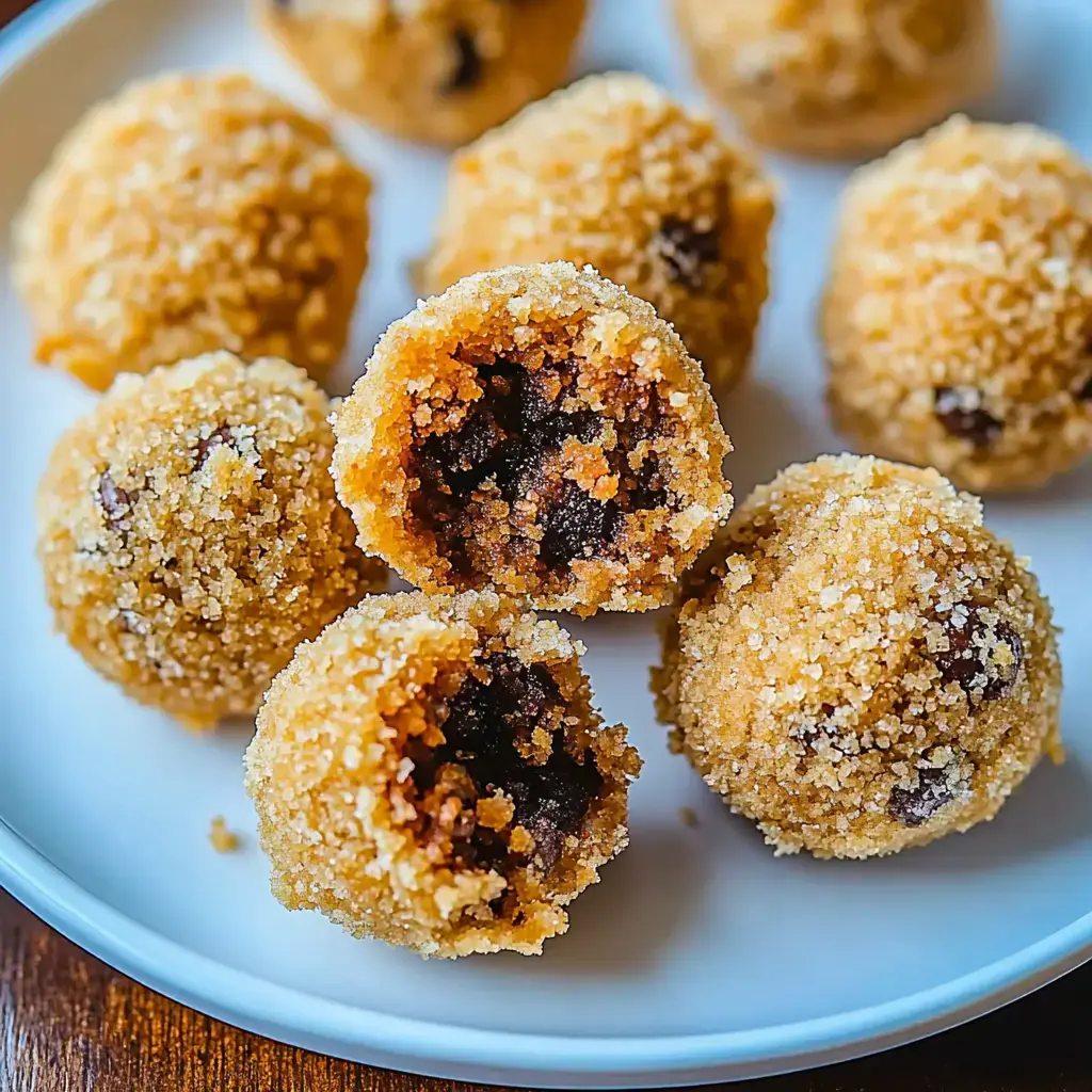 A plate of small, round, crumb-coated sweets with one halved to reveal a chocolate filling.