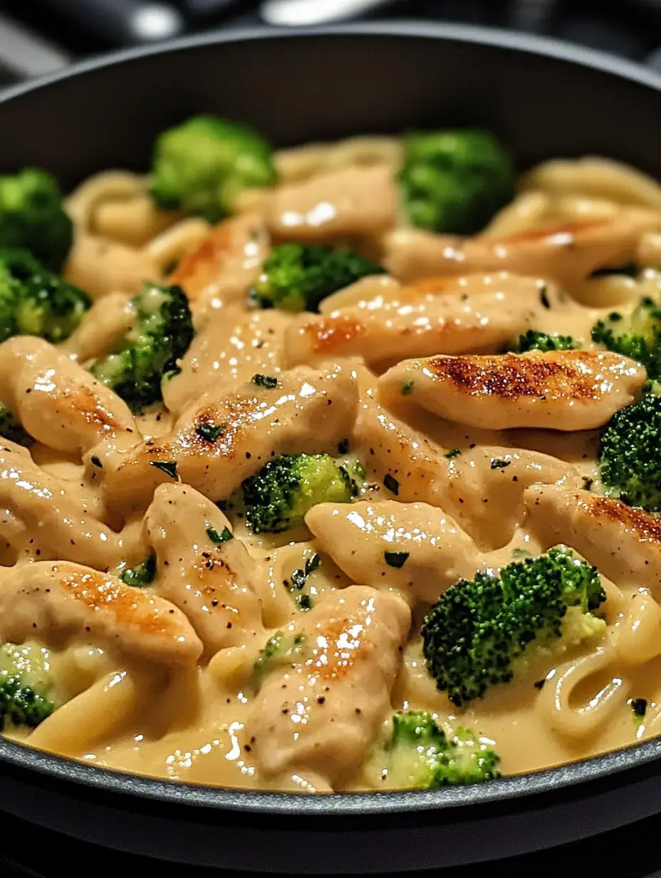 A skillet filled with creamy pasta, grilled chicken pieces, and broccoli florets.