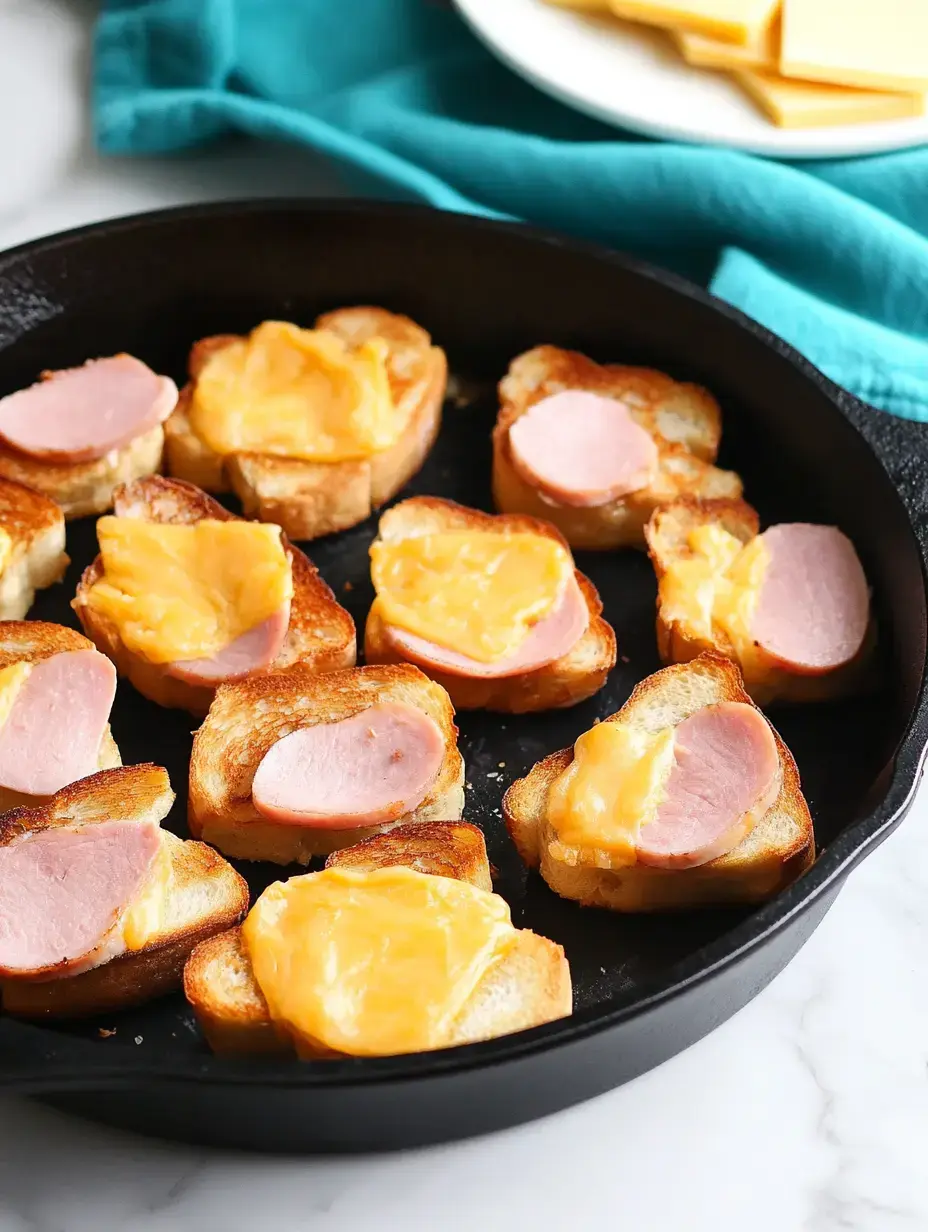 A cast iron skillet holds several toasted bread pieces topped with slices of ham and melted cheddar cheese.