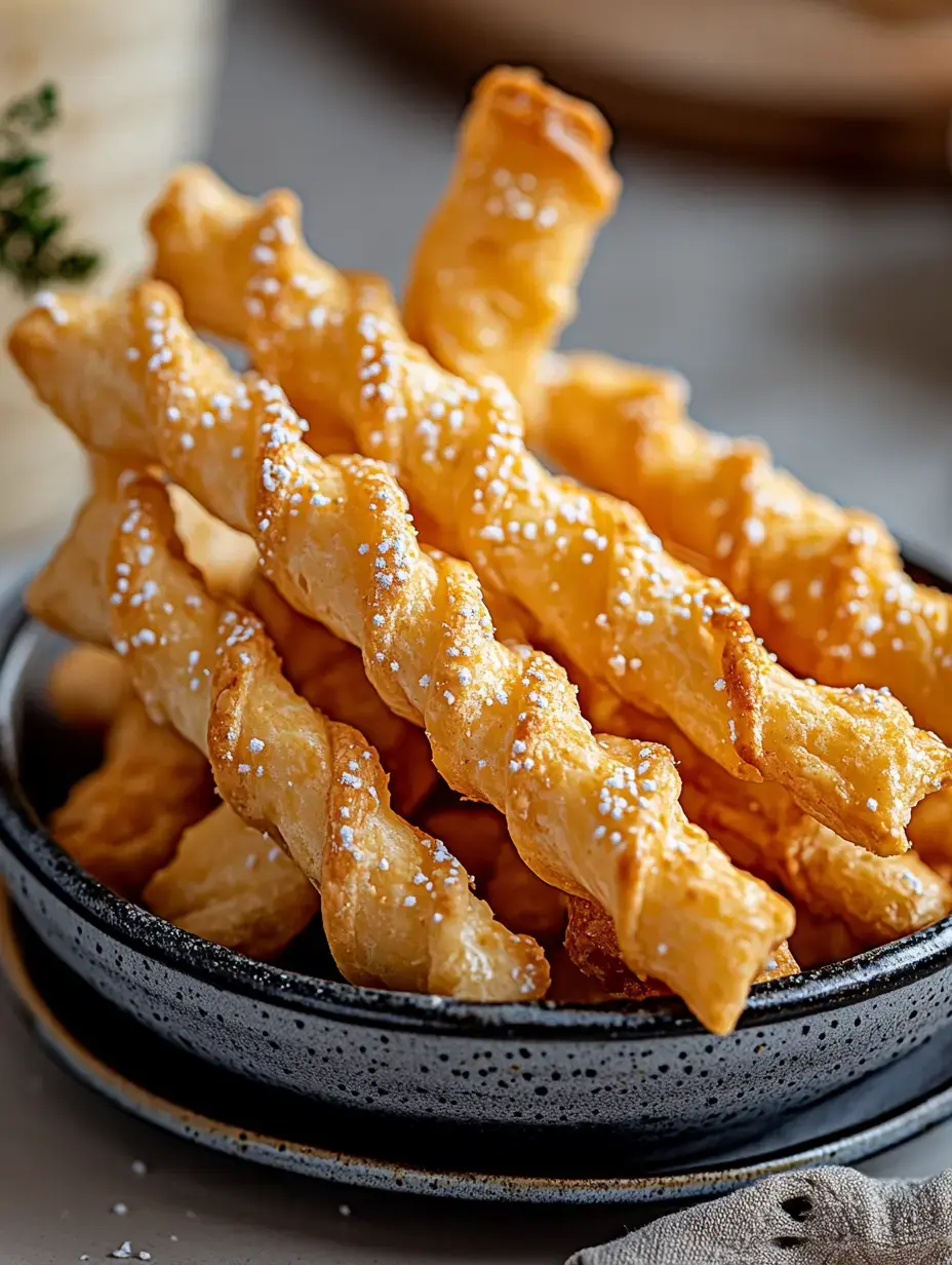 A close-up of a black bowl filled with golden, twisted fried pastries dusted with powdered sugar.