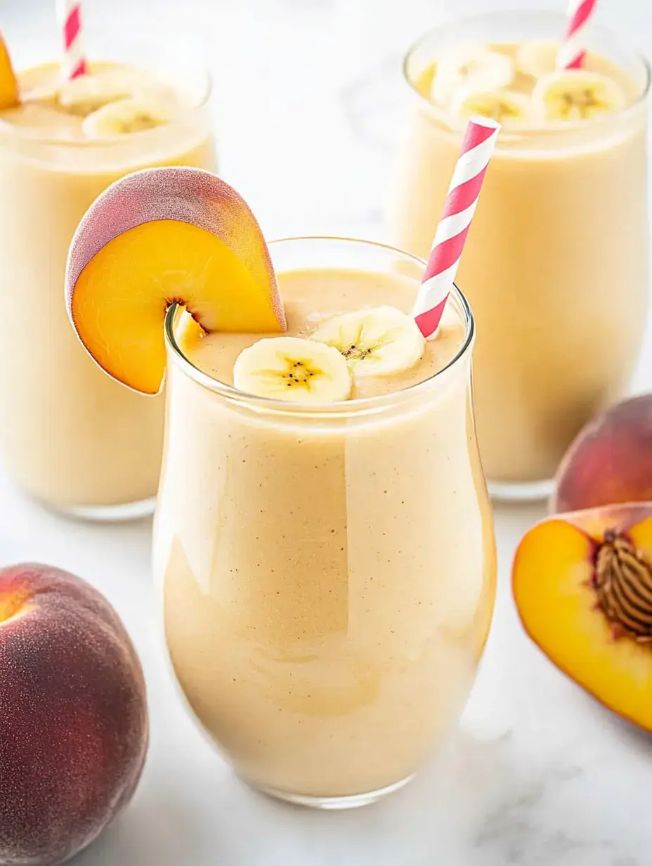 Three glasses of peach and banana smoothie are garnished with peach slices and banana rounds, surrounded by whole peaches on a marble surface.