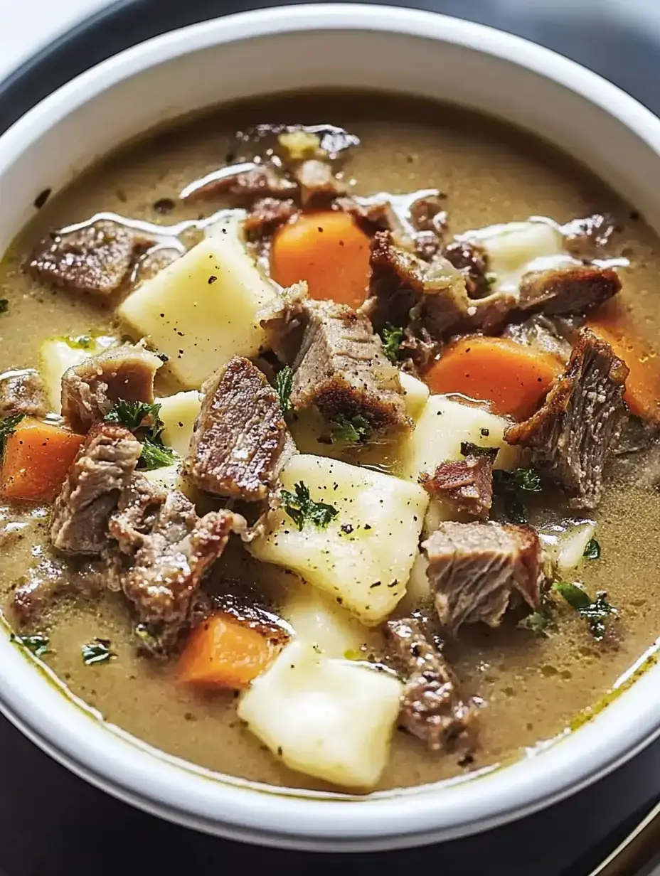 A hearty bowl of beef stew with chunks of meat, potatoes, carrots, and garnished with herbs.