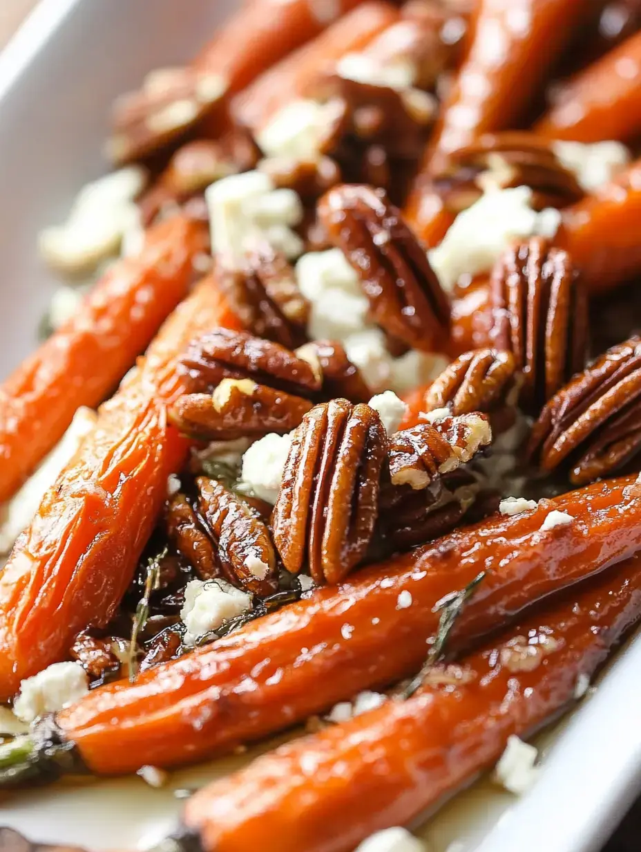 A close-up view of roasted carrots topped with pecans and crumbled cheese, served on a white dish.