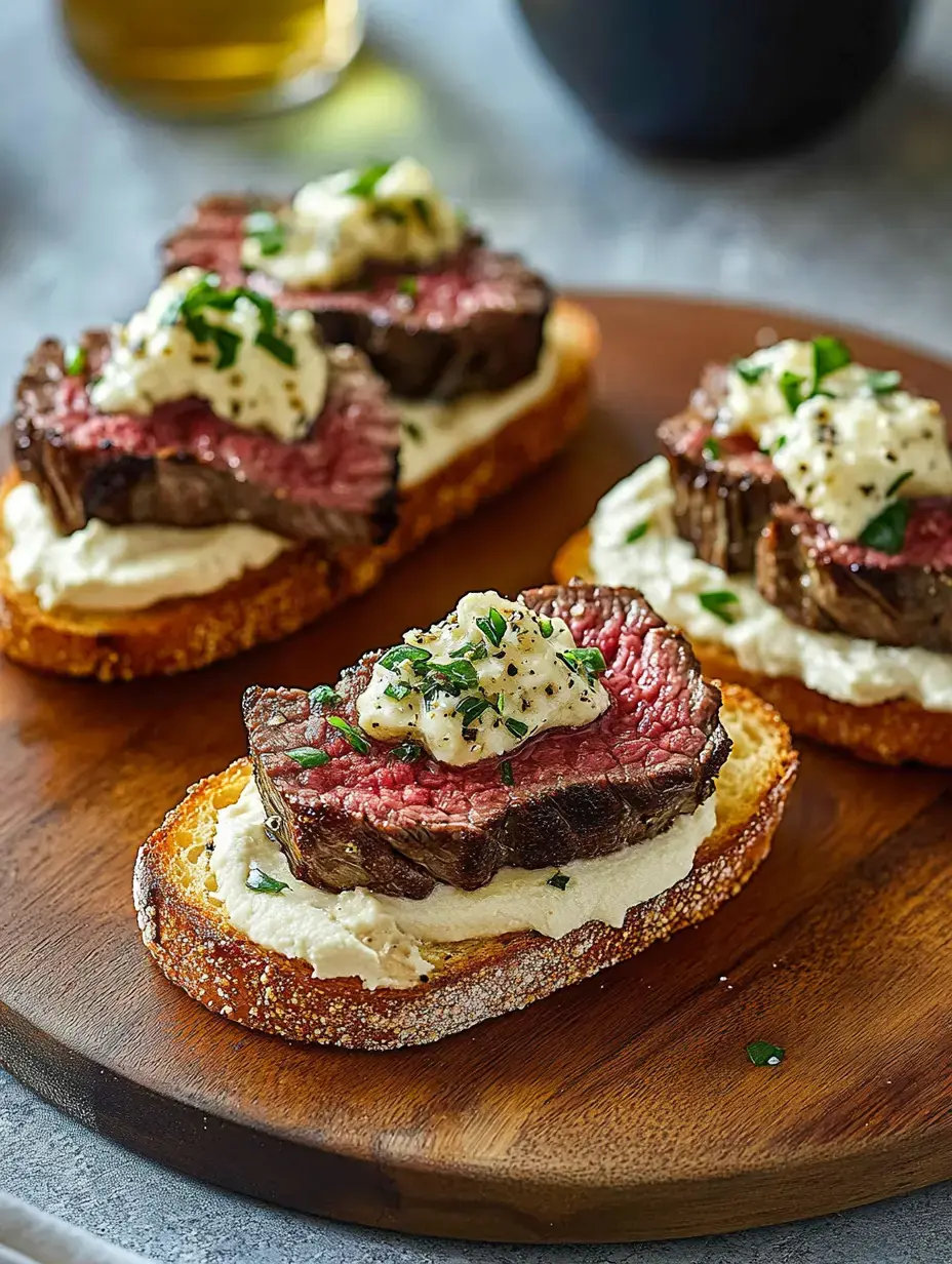 Thin slices of cooked beef atop toasted bread spread with a creamy topping, garnished with herbs, served on a wooden platter.