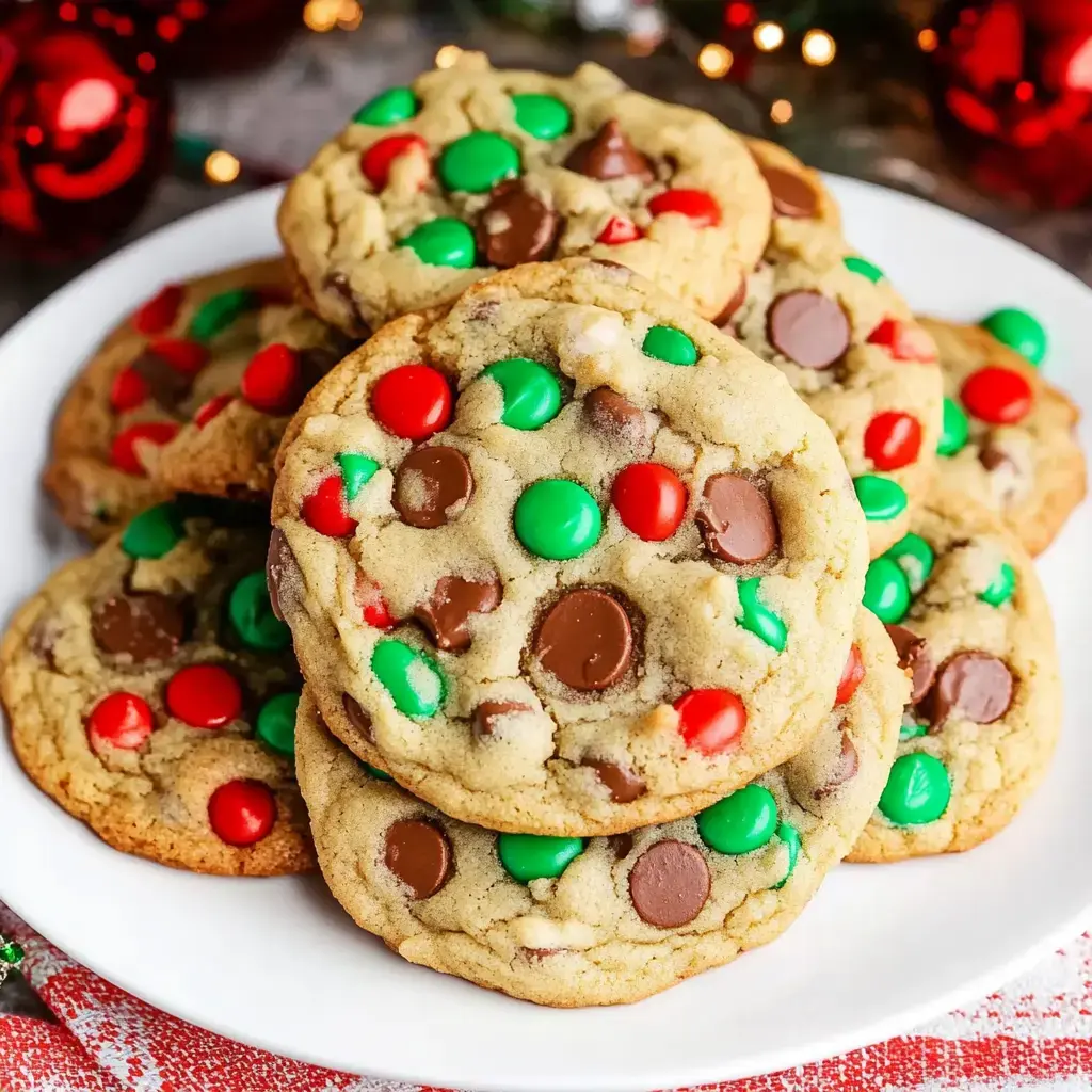 A close-up of a plate stacked with festive cookies decorated with red and green candies and chocolate chips.