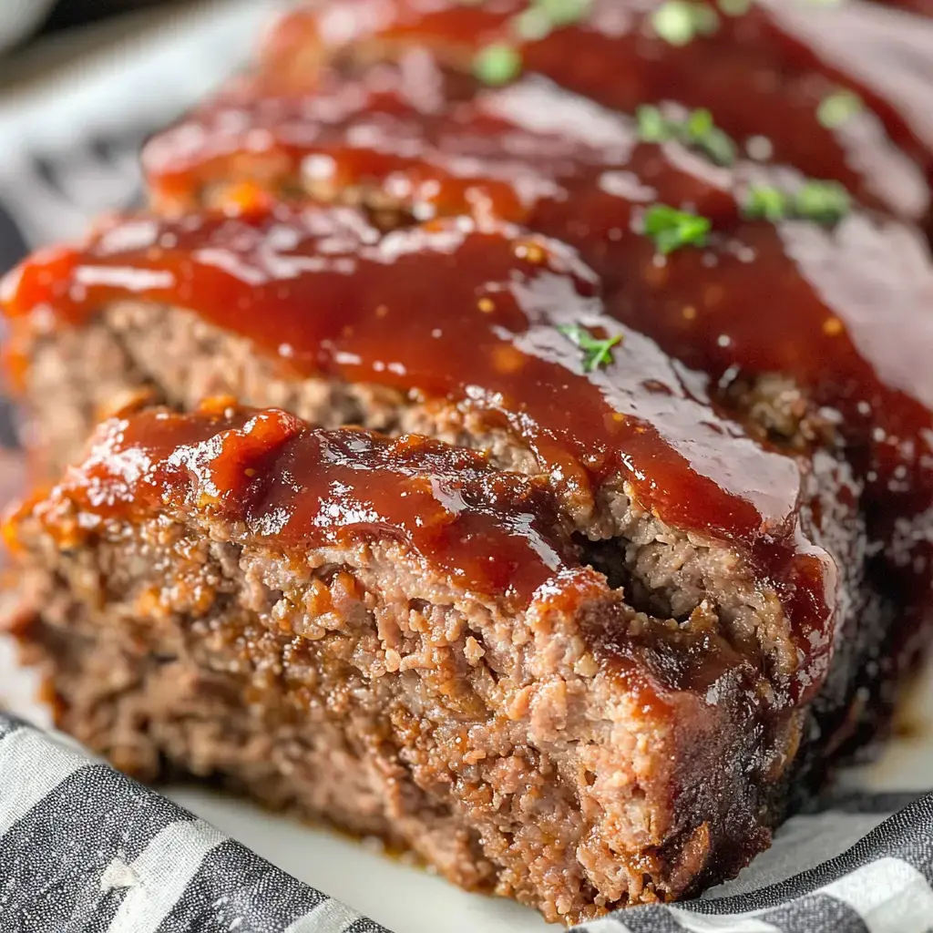 A close-up view of a sliced meatloaf topped with a glossy layer of ketchup and garnished with small green herbs.