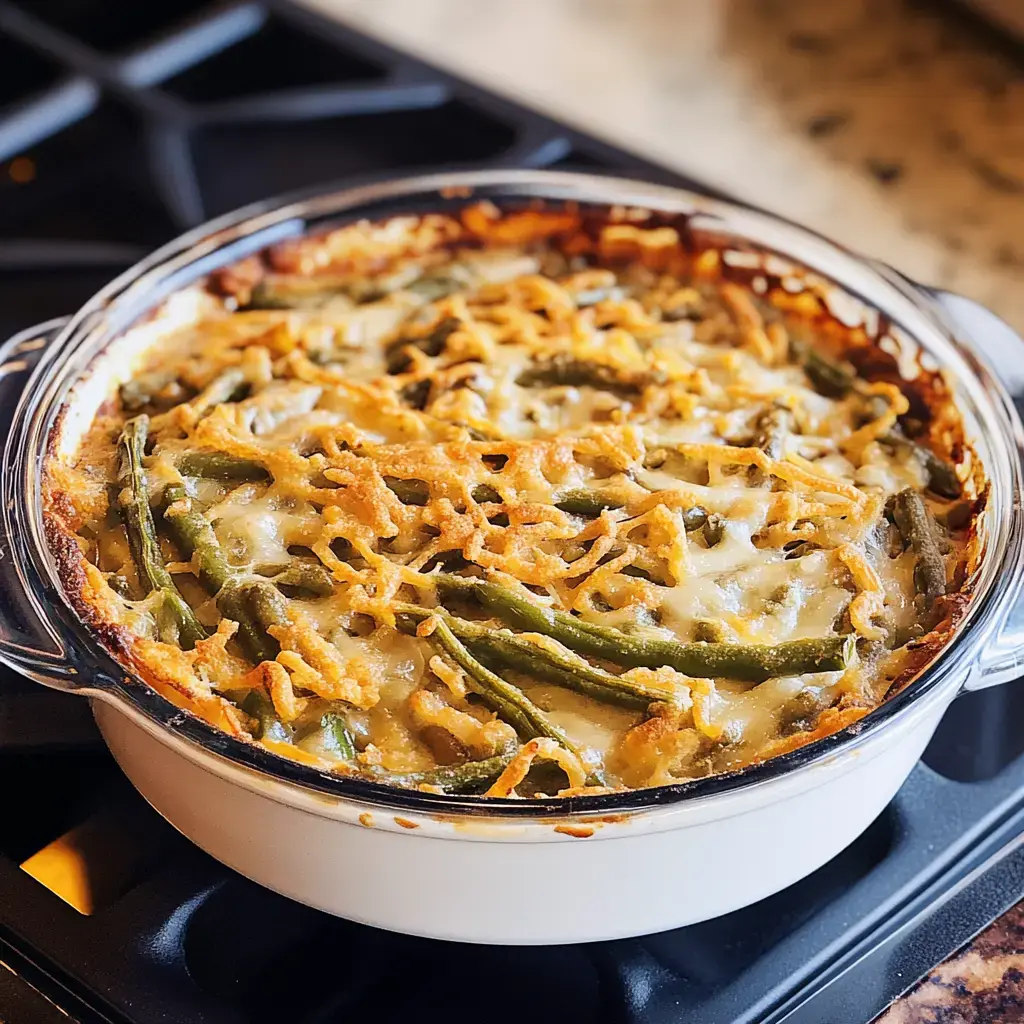 A baked green bean casserole with a golden crispy topping in a glass dish sits on a stove.