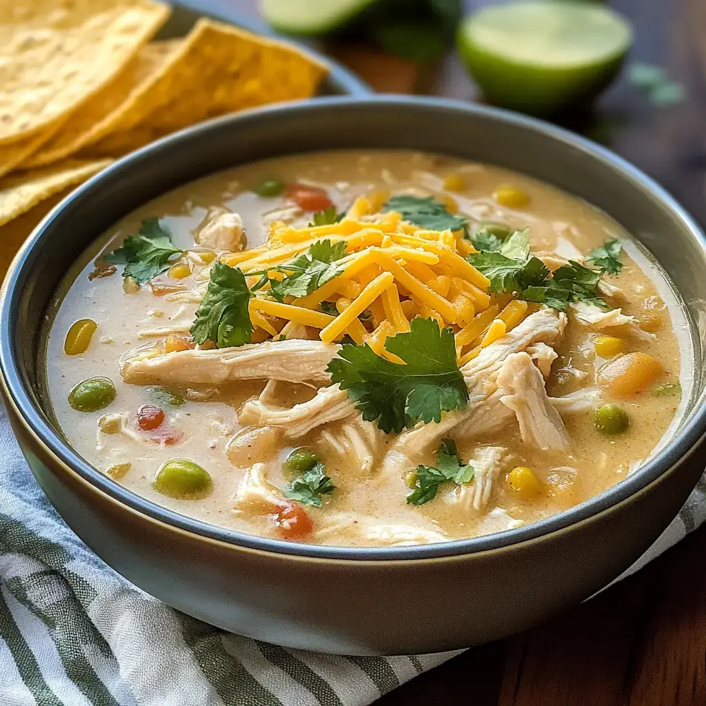 A bowl of creamy chicken soup topped with shredded cheese and cilantro, accompanied by tortilla chips and lime wedges in the background.