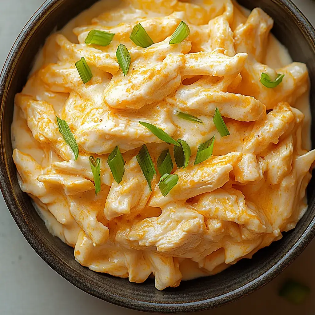 A bowl of creamy pasta topped with chopped green onions.