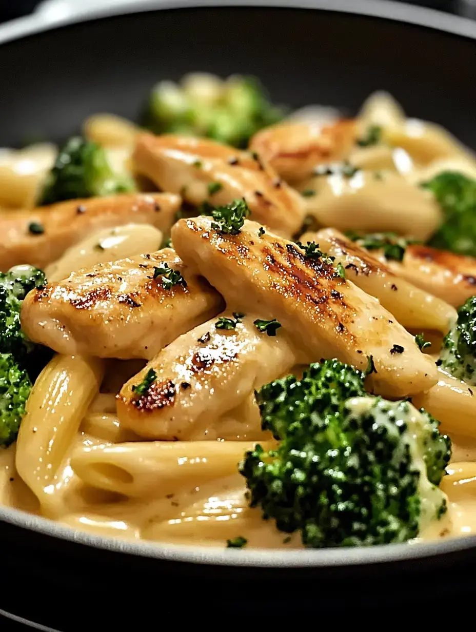 A close-up of a dish featuring pasta, grilled chicken pieces, and broccoli in a creamy sauce, garnished with parsley.