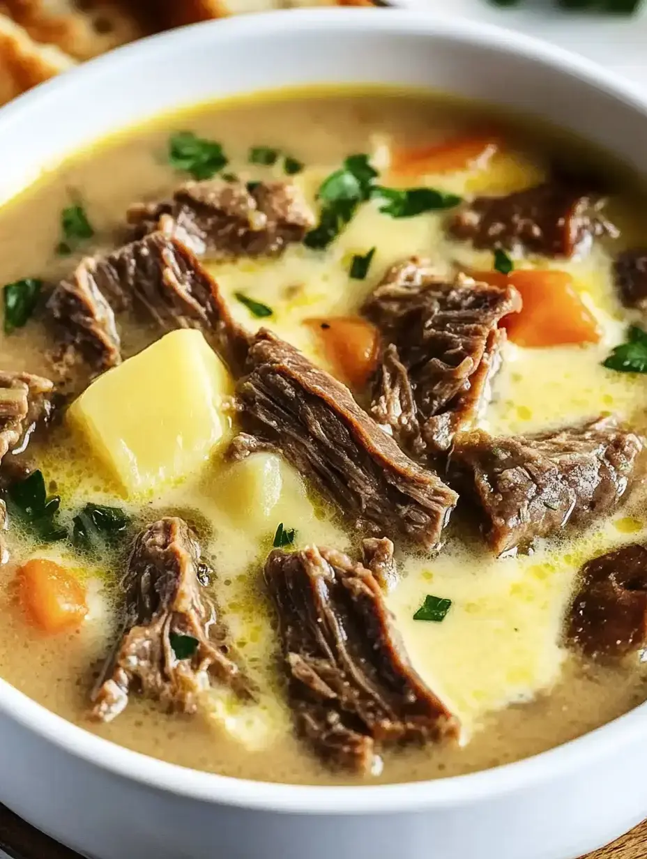 A bowl of hearty beef stew with chunks of meat, diced potatoes, and orange carrots garnished with fresh parsley in a creamy broth.