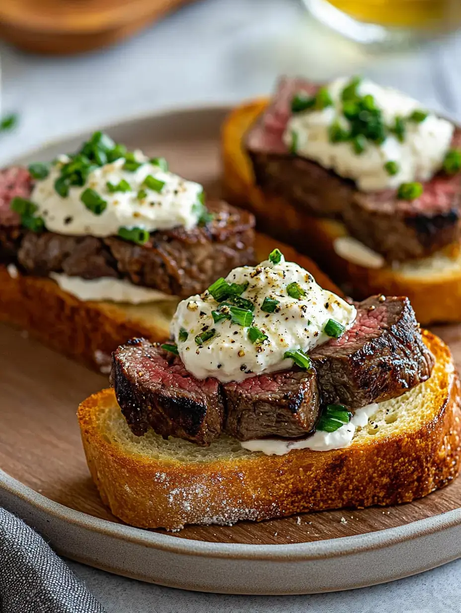 The image shows slices of toasted bread topped with cooked steak, creamy sauce, and chopped green onions.