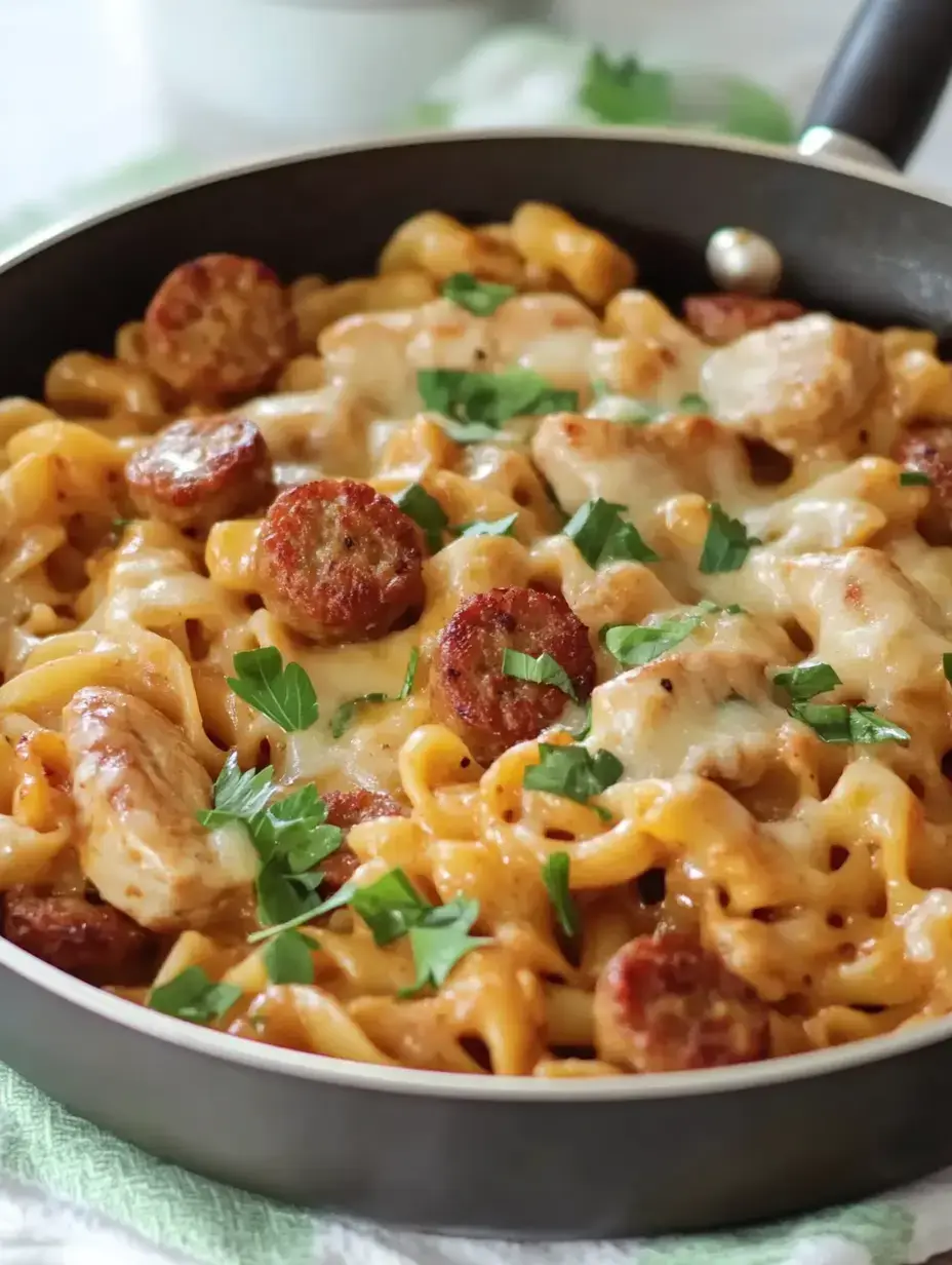 A close-up of a skillet filled with creamy pasta topped with sliced sausage and fresh parsley.