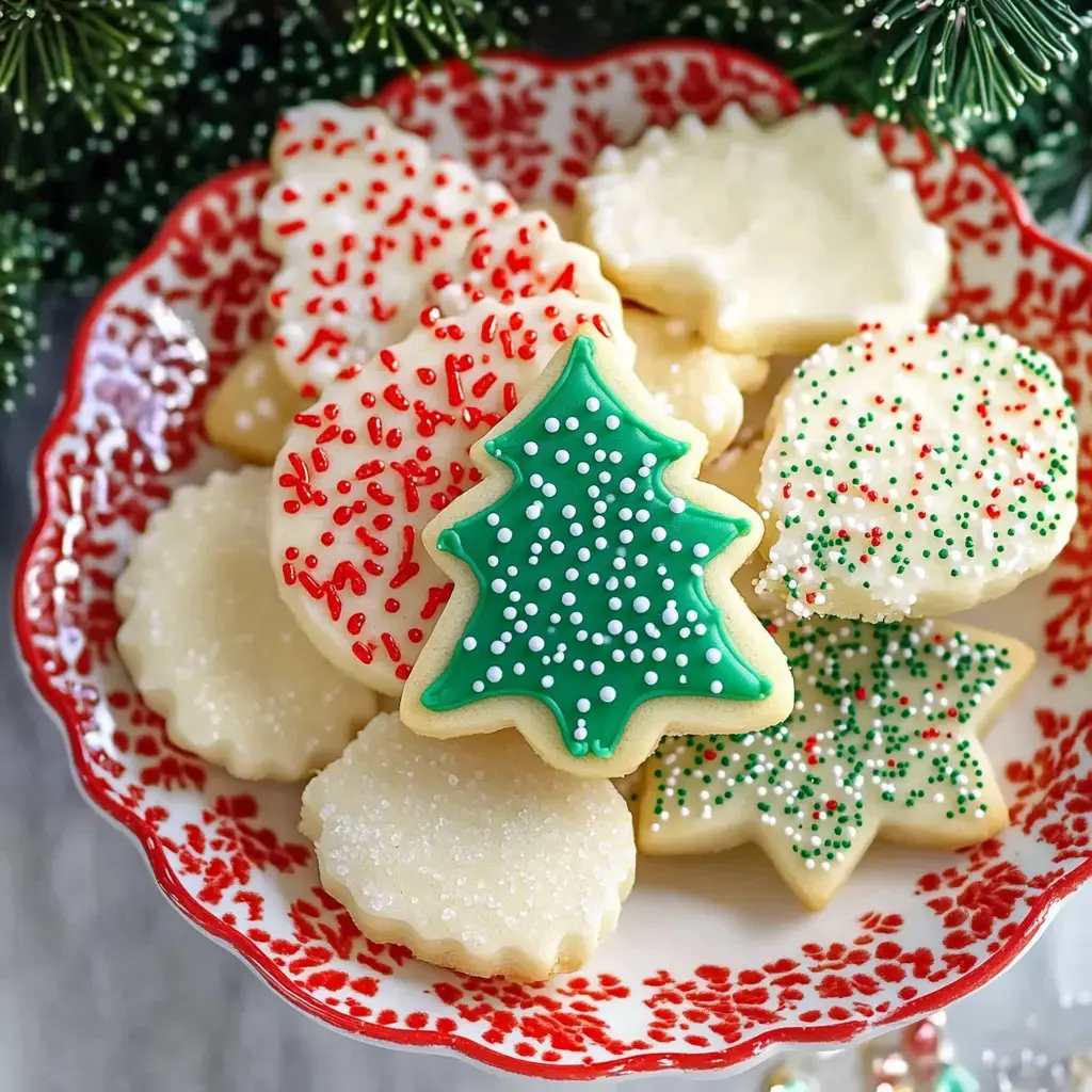 A decorative plate holds a variety of festive Christmas cookies, including green tree-shaped cookies and others adorned with red and green sprinkles.