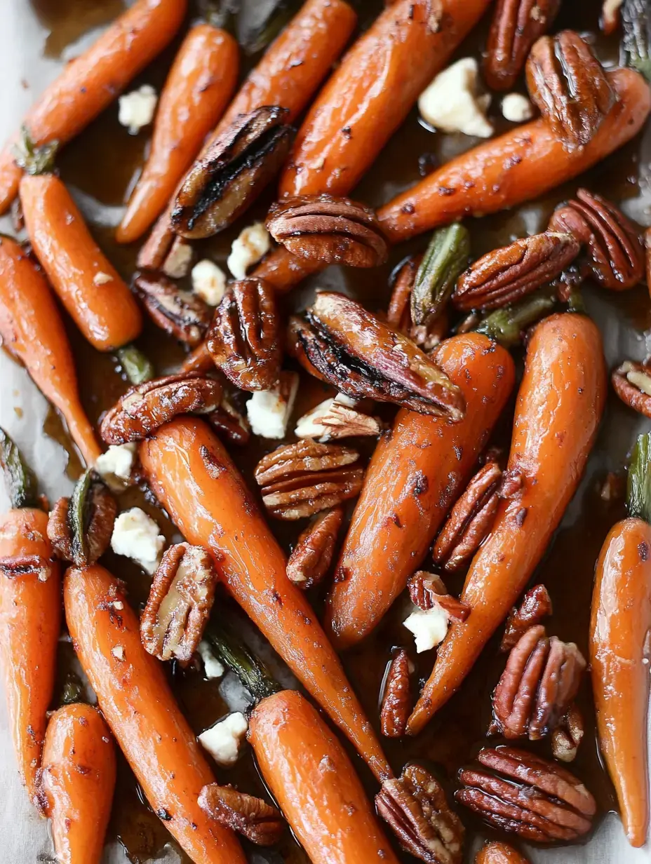 A close-up view of roasted baby carrots mixed with pecans and a drizzle of syrup, arranged on a baking sheet.