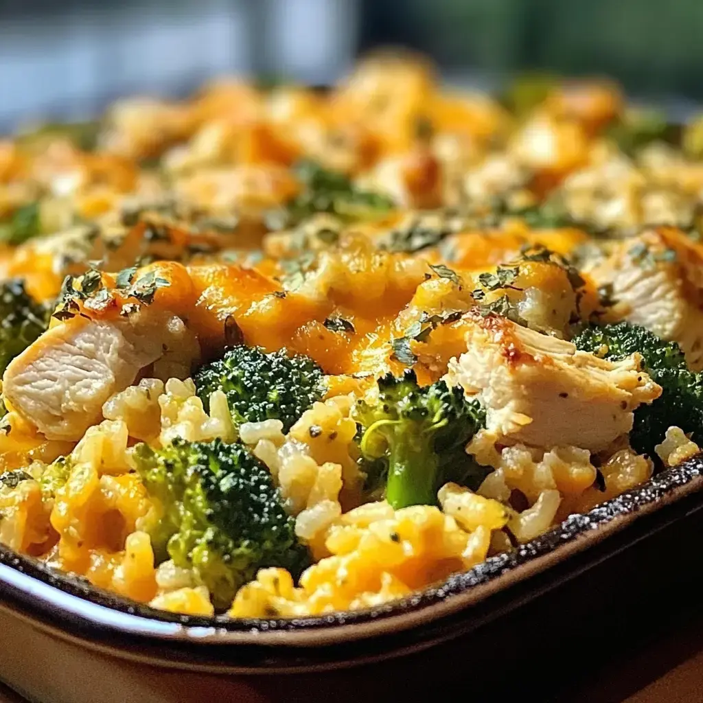 A close-up of a baked dish featuring rice, broccoli, and pieces of chicken topped with melted cheese and herbs.