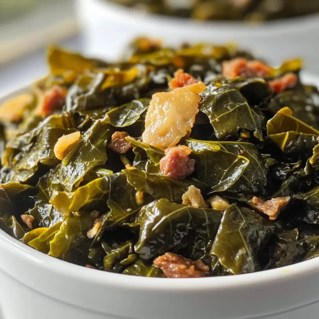 A close-up of a bowl filled with cooked collard greens mixed with bits of bacon.