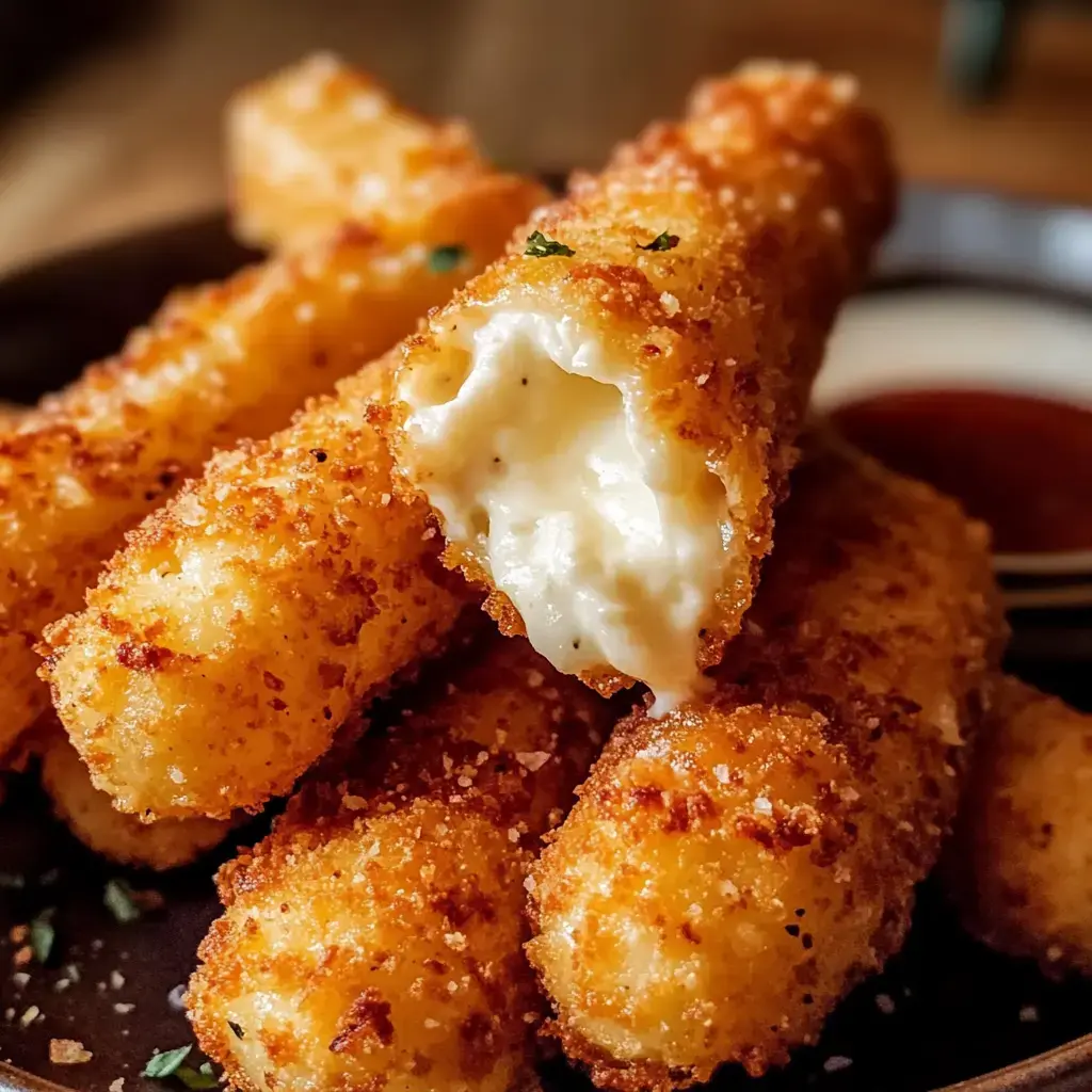 A close-up of golden-brown, breaded cheese sticks with one partially bitten, revealing melted cheese inside.