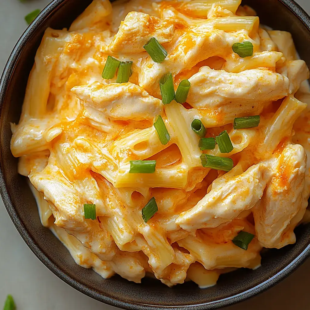 A bowl of creamy pasta with chicken and topped with chopped green onions.