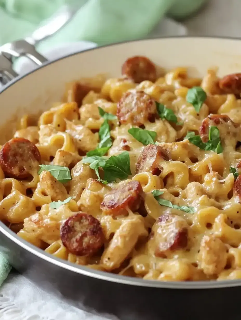 A close-up of a creamy pasta dish featuring macaroni, sliced sausage, and fresh basil in a skillet.