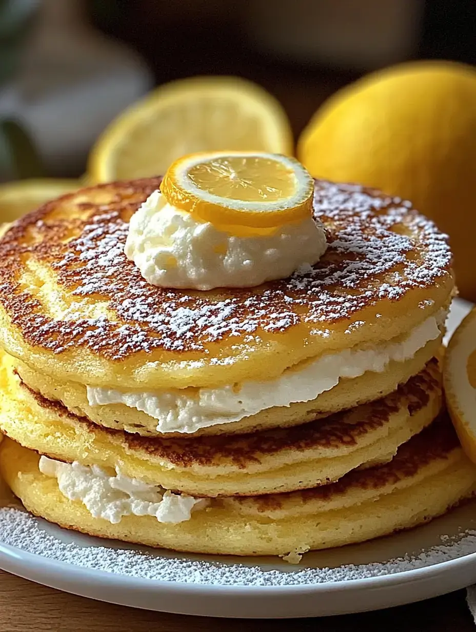 A stack of fluffy pancakes is topped with whipped cream and a slice of lemon, surrounded by lemon halves and sprinkled with powdered sugar.