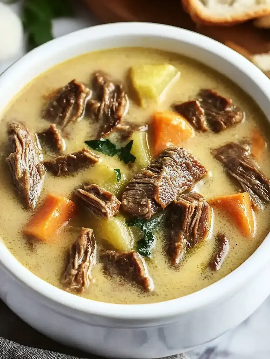 A bowl of creamy beef stew containing tender chunks of meat, carrots, and potatoes.