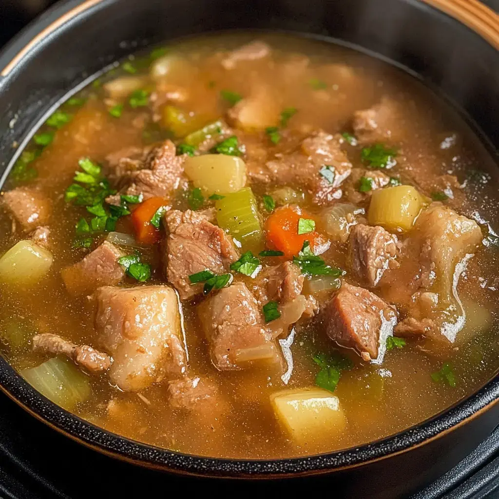 A bowl of hearty meat soup with chunks of meat, vegetables, and herbs in a savory broth.