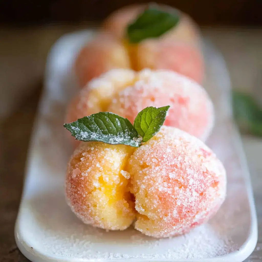 A close-up of three sugar-coated peach-shaped candies, garnished with green mint leaves, on a white serving dish.