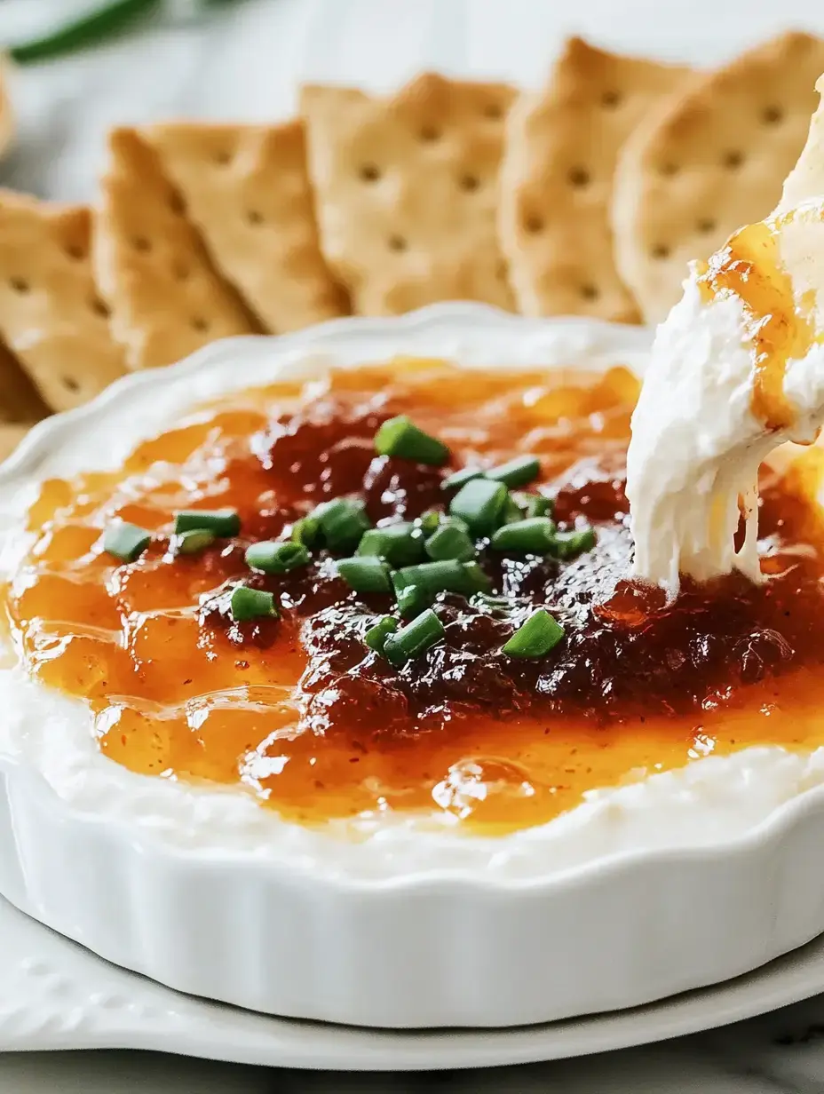 A creamy dip topped with a layer of jelly and garnished with chopped green onions, accompanied by crackers.