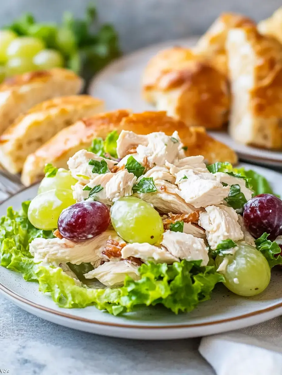 A fresh chicken salad with grapes and lettuce served on a plate alongside baked rolls.