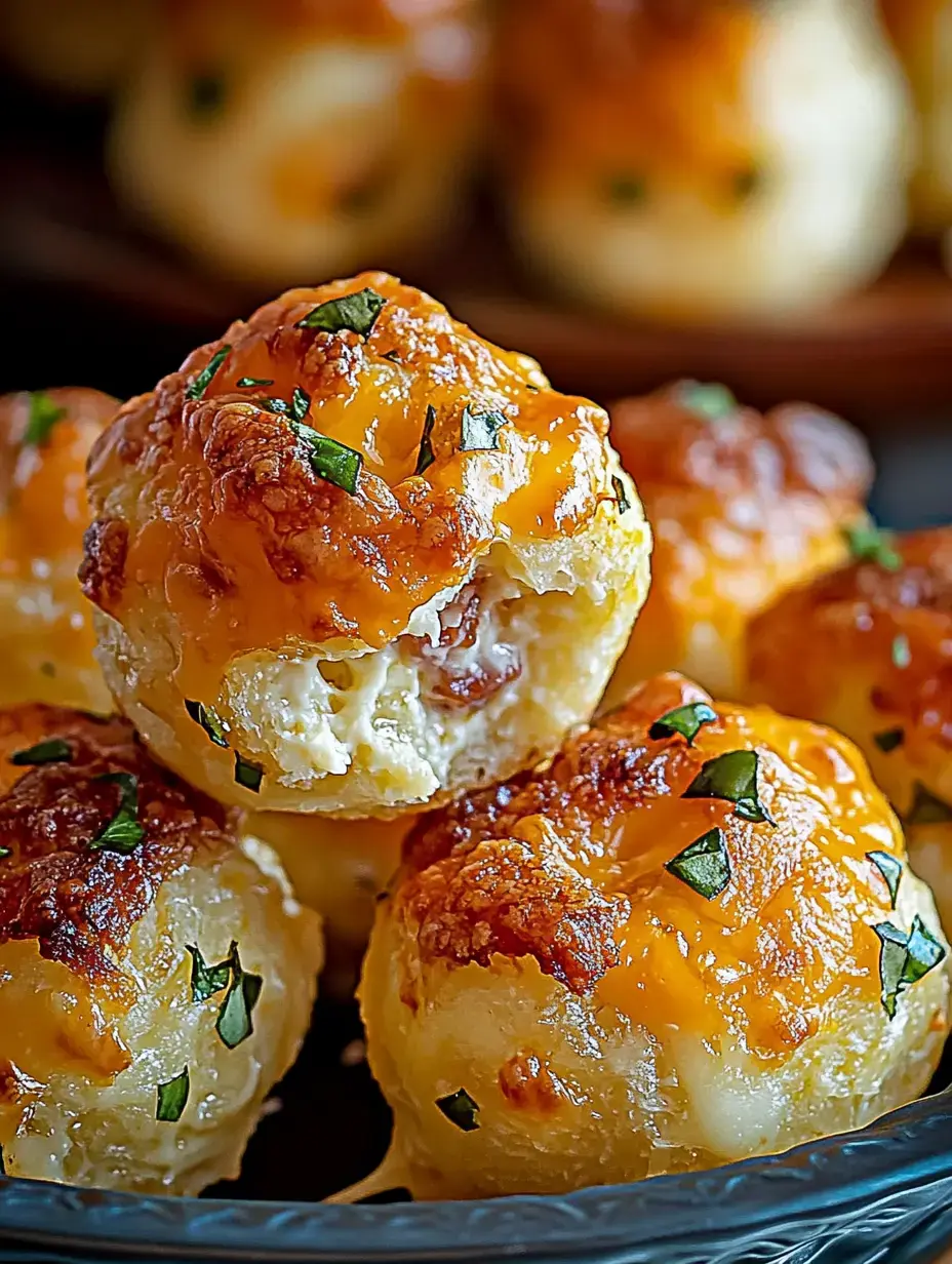 A close-up of golden, cheesy biscuit-like balls topped with green herbs, revealing a soft, fluffy interior.