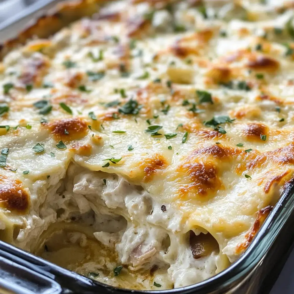 A golden, cheesy lasagna with visible layers of chicken and a sprinkle of parsley on top.