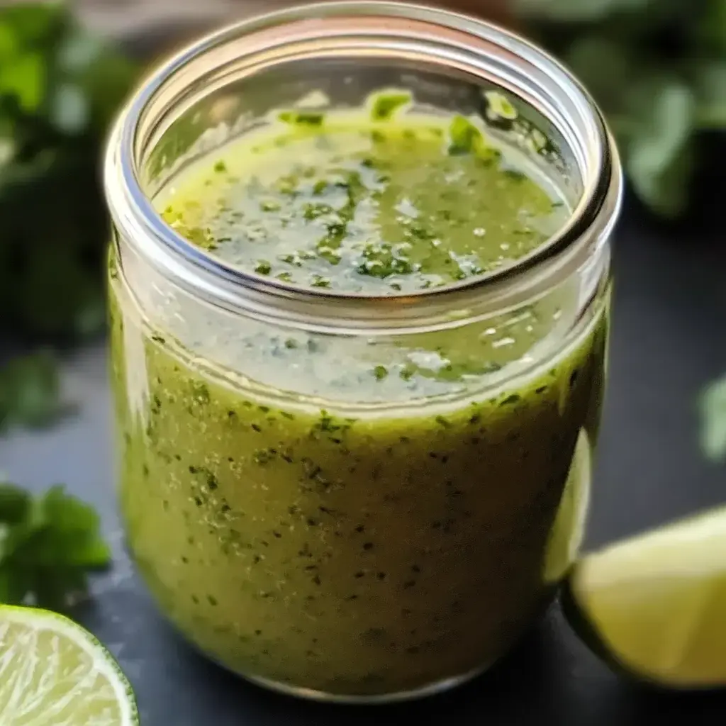 A jar of vibrant green sauce sits on a dark surface, accompanied by lime wedges and fresh cilantro leaves.